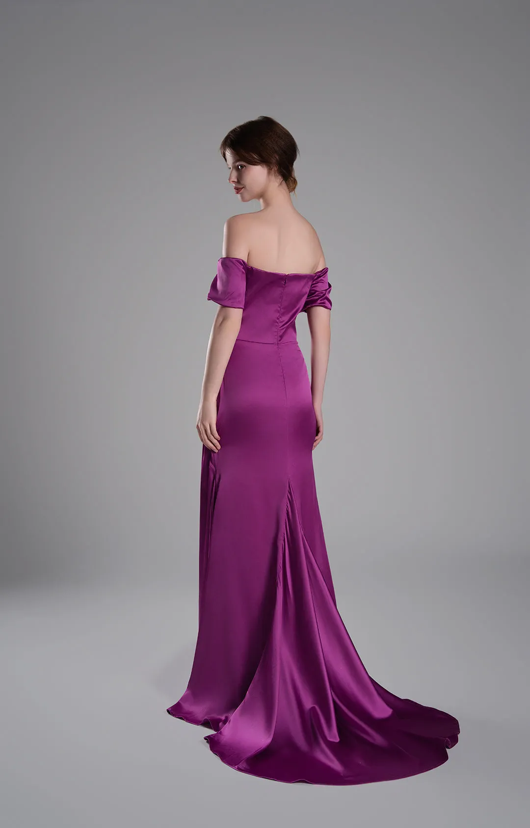 Off-Shoulder Pleated Satin Train Evening Dresses