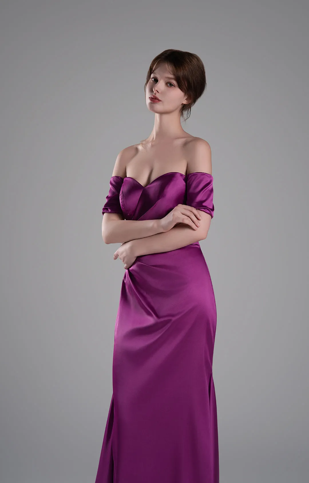 Off-Shoulder Pleated Satin Train Evening Dresses