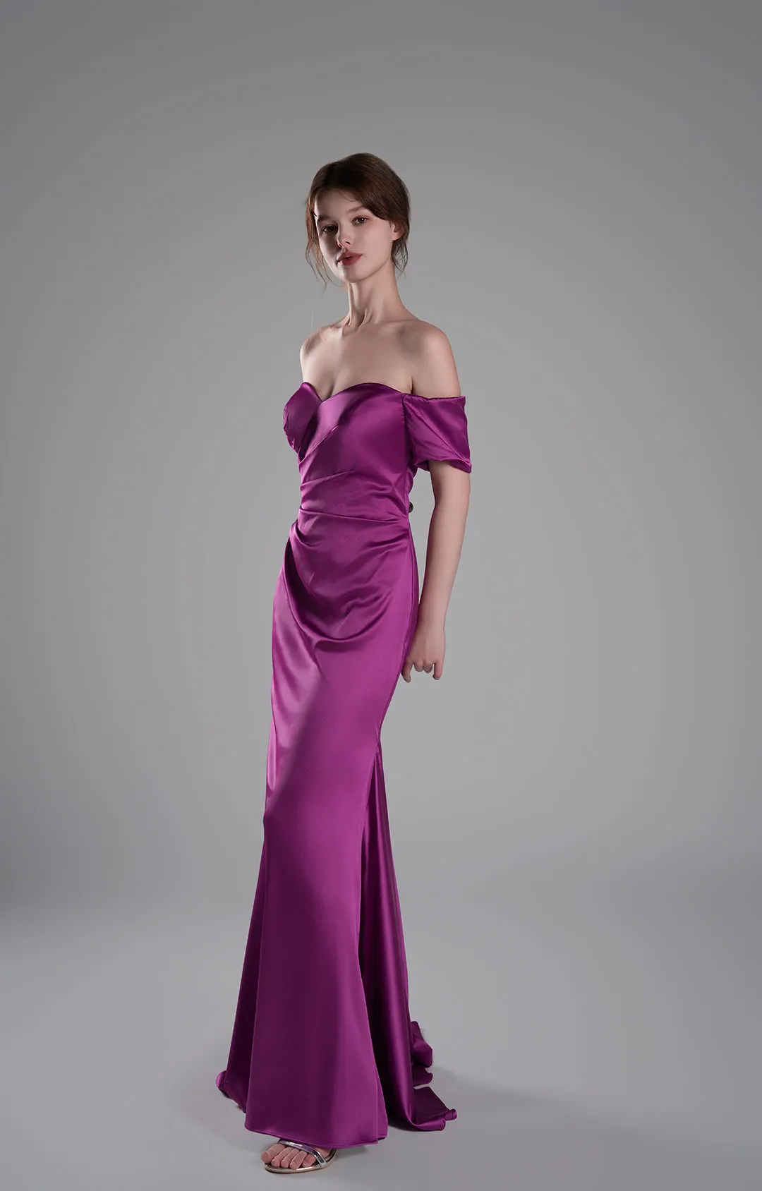 Off-Shoulder Pleated Satin Train Evening Dresses