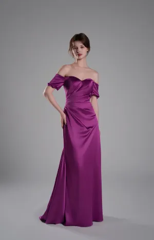 Off-Shoulder Pleated Satin Train Evening Dresses