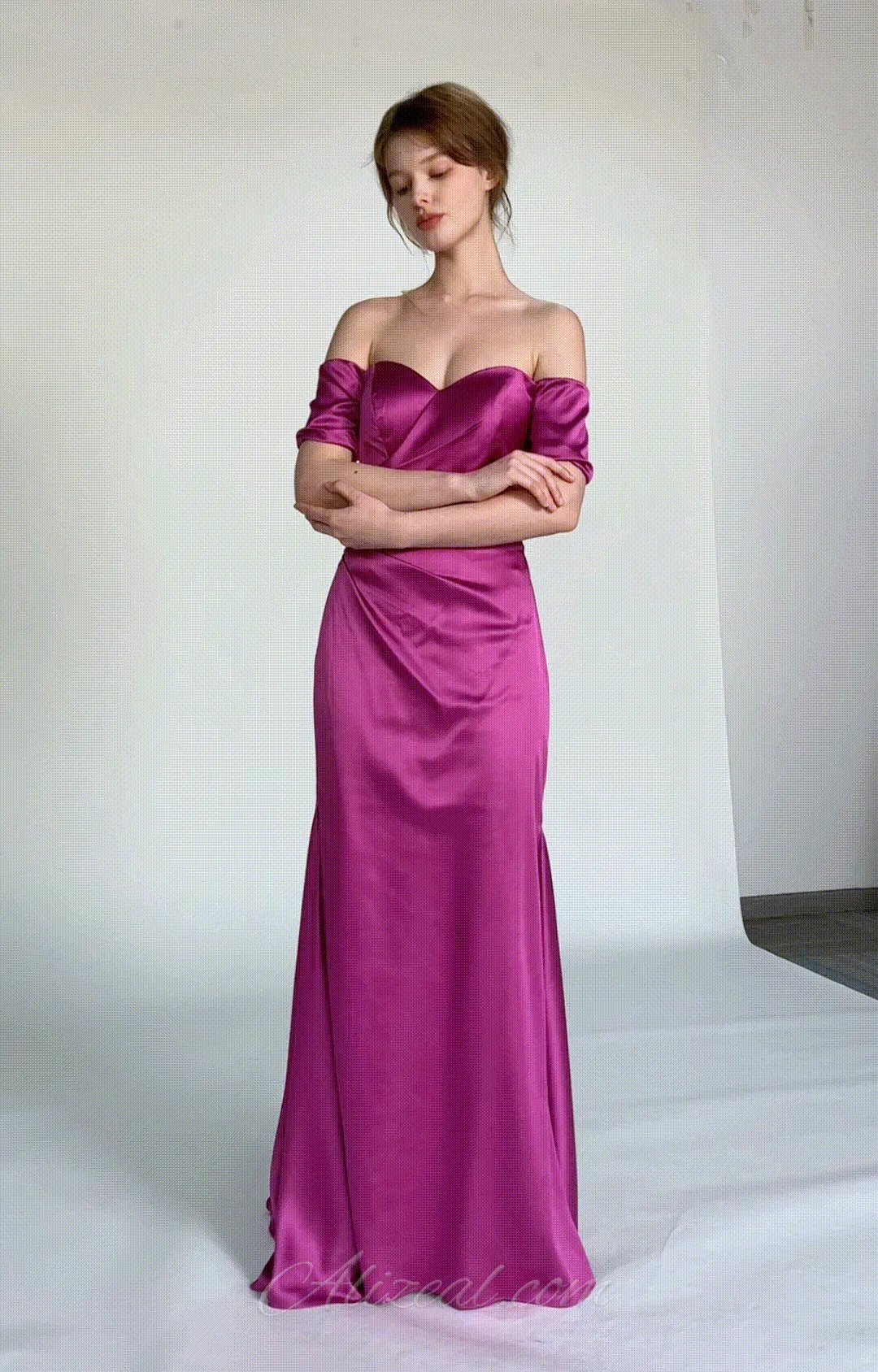 Off-Shoulder Pleated Satin Train Evening Dresses