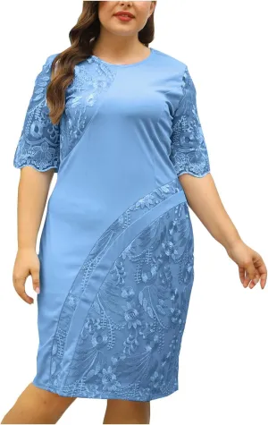 Plus Size Dresses Wedding Guest Women Formal Lace Cocktail Party Summer A Line Dress Evening Knee Length Midi Dress