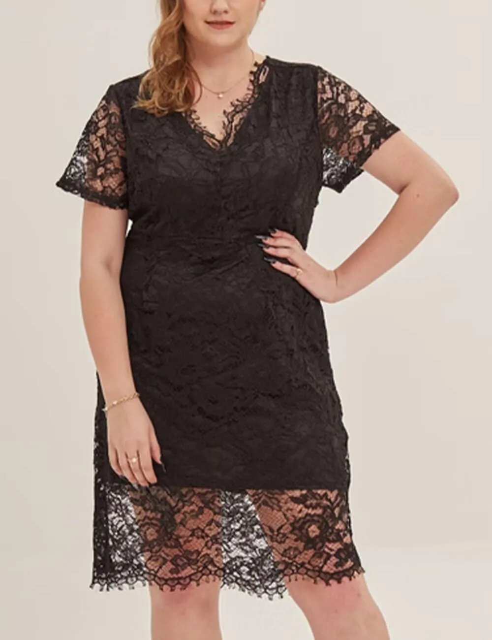 Plus Size Floral lace V Neck Midi Dress Short Sleeves Knee Length Bodycon Cocktail Lace Dress for Women