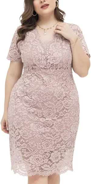 Plus Size Floral lace V Neck Midi Dress Short Sleeves Knee Length Bodycon Cocktail Lace Dress for Women