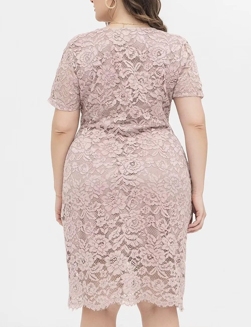 Plus Size Floral lace V Neck Midi Dress Short Sleeves Knee Length Bodycon Cocktail Lace Dress for Women