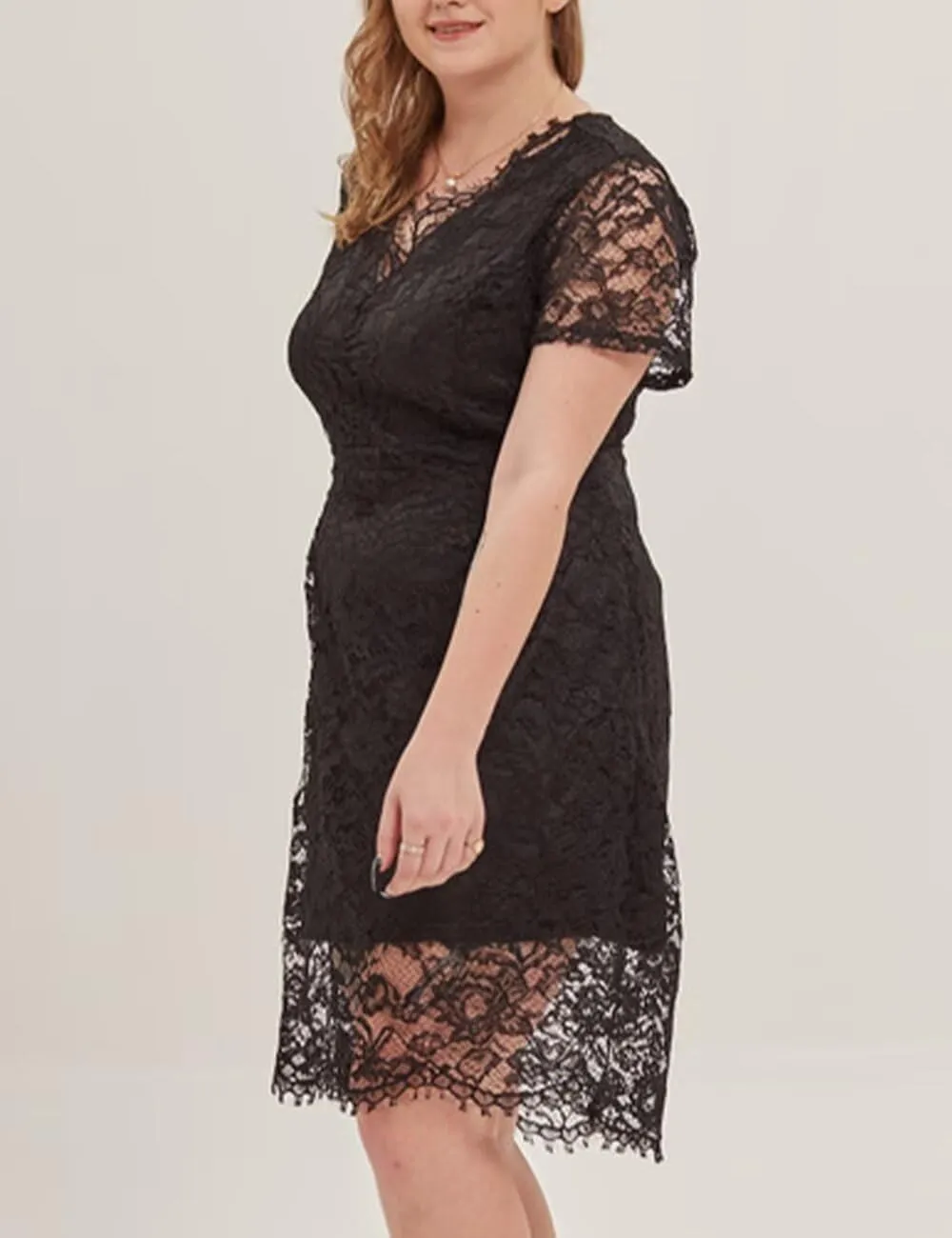 Plus Size Floral lace V Neck Midi Dress Short Sleeves Knee Length Bodycon Cocktail Lace Dress for Women