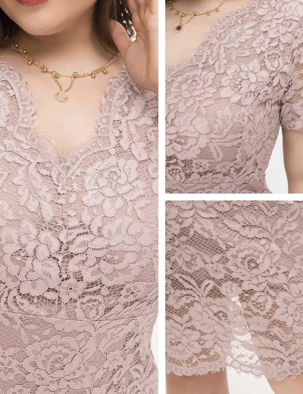 Plus Size Floral lace V Neck Midi Dress Short Sleeves Knee Length Bodycon Cocktail Lace Dress for Women