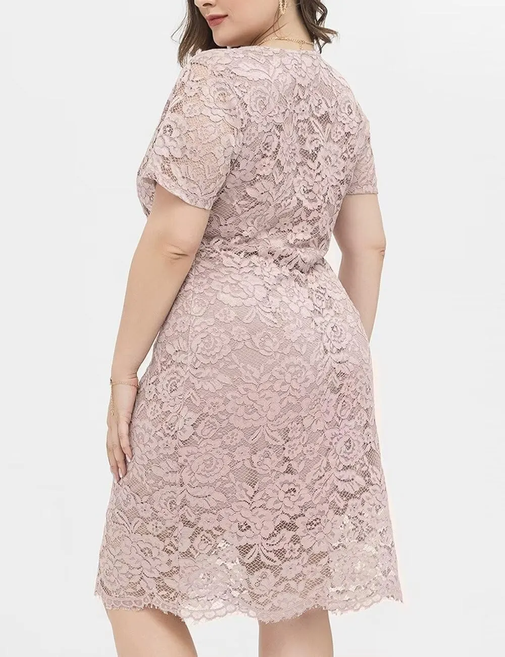 Plus Size Floral lace V Neck Midi Dress Short Sleeves Knee Length Bodycon Cocktail Lace Dress for Women