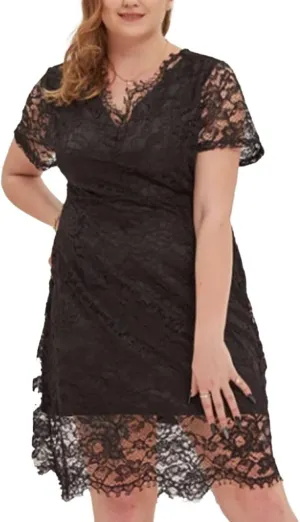 Plus Size Floral lace V Neck Midi Dress Short Sleeves Knee Length Bodycon Cocktail Lace Dress for Women