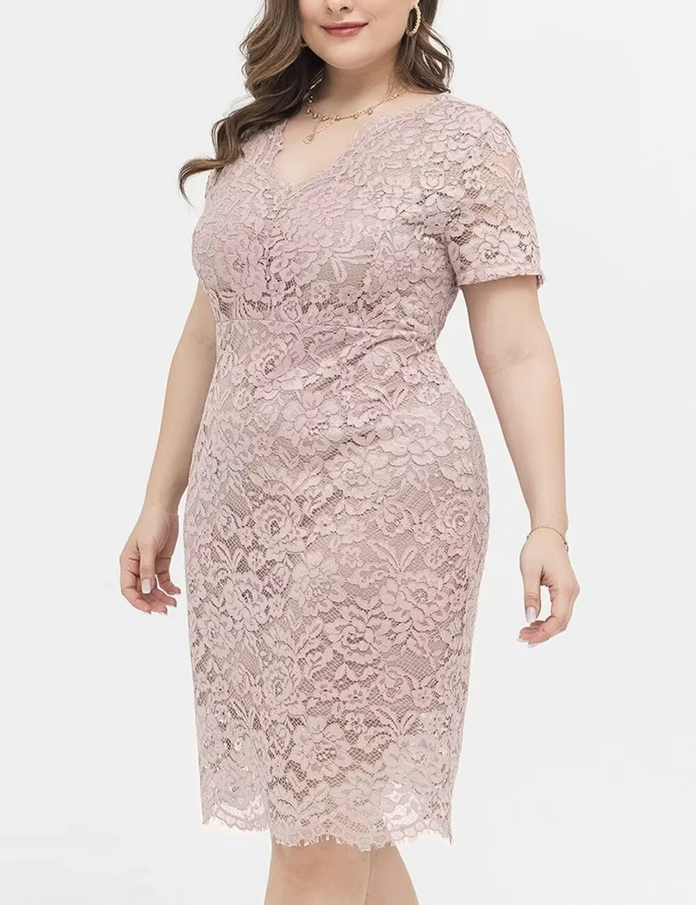 Plus Size Floral lace V Neck Midi Dress Short Sleeves Knee Length Bodycon Cocktail Lace Dress for Women