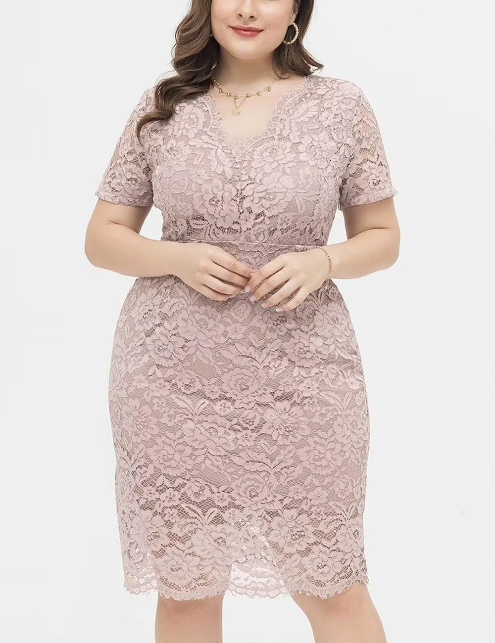 Plus Size Floral lace V Neck Midi Dress Short Sleeves Knee Length Bodycon Cocktail Lace Dress for Women