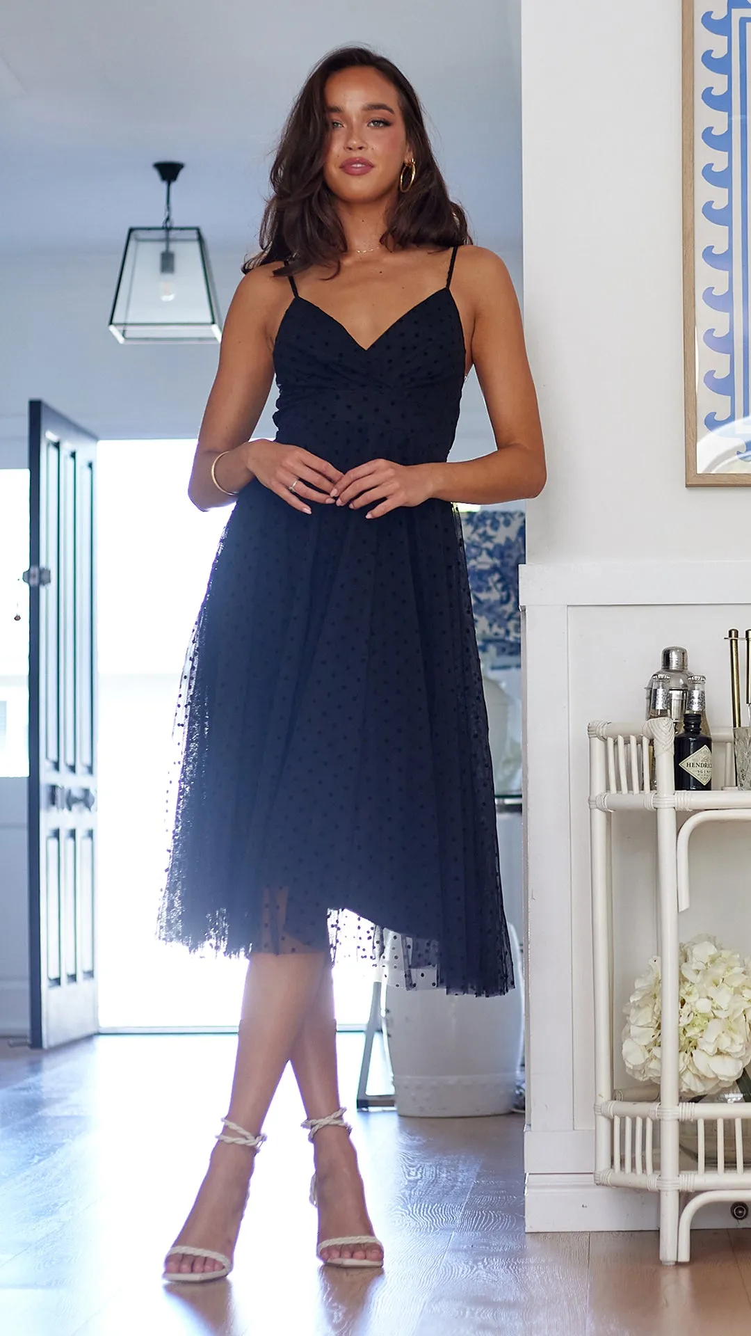 Polka Mesh Midi Dress-Black