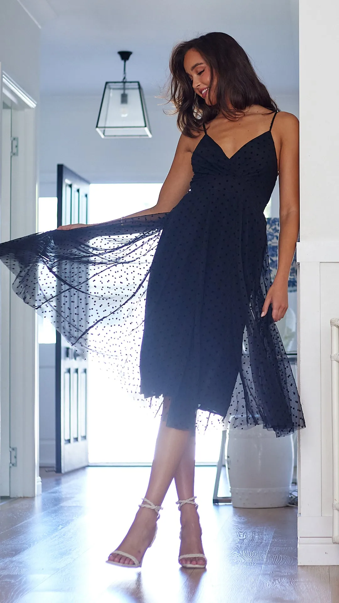 Polka Mesh Midi Dress-Black