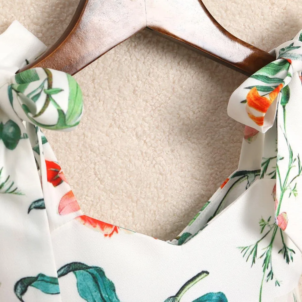 PopReal Mommy and Me Floral Printed Dresses Shoulder Straps Bowknot Chiffon Sleeveless Beach Mini Sundress