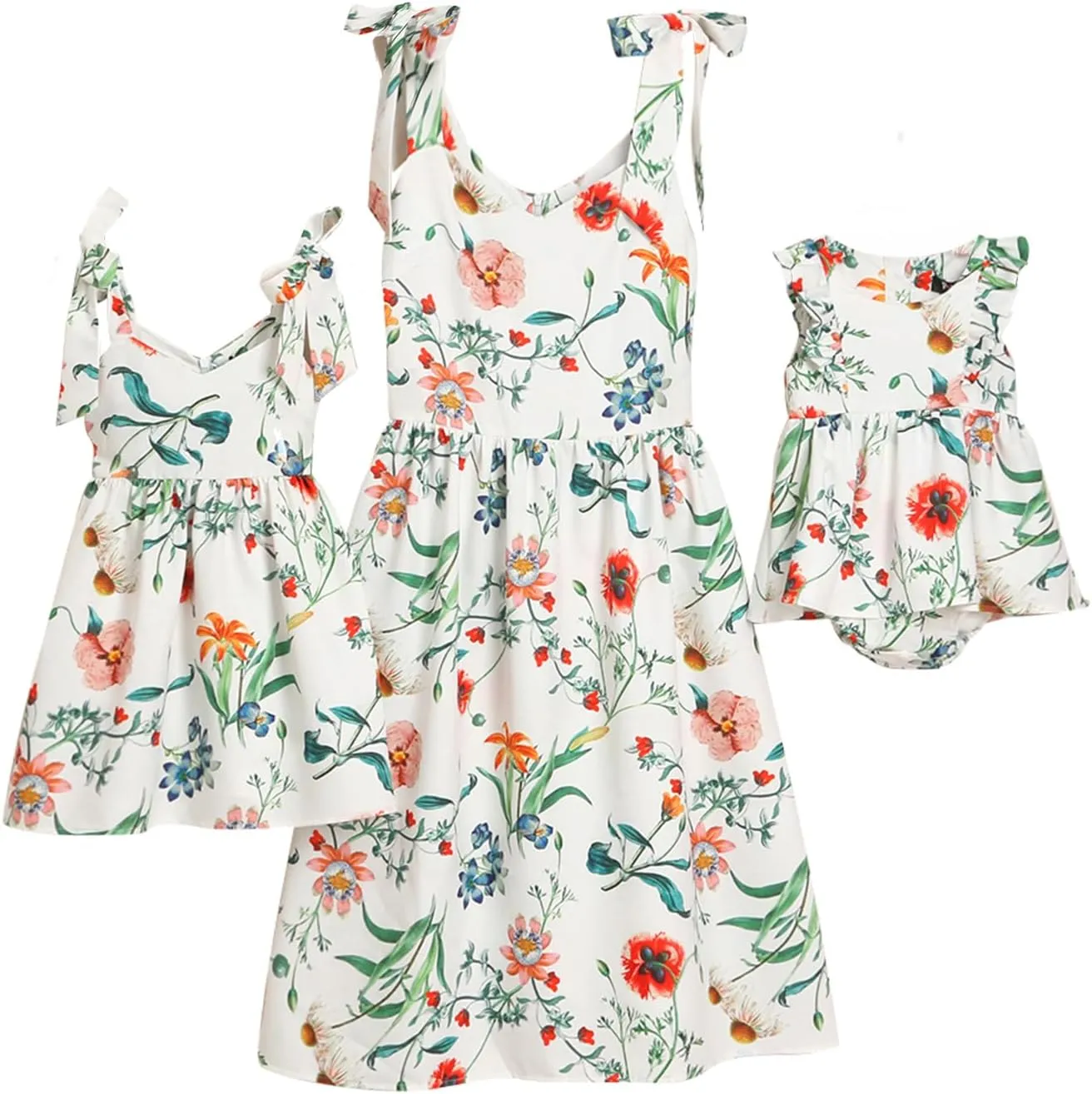 PopReal Mommy and Me Floral Printed Dresses Shoulder Straps Bowknot Chiffon Sleeveless Beach Mini Sundress