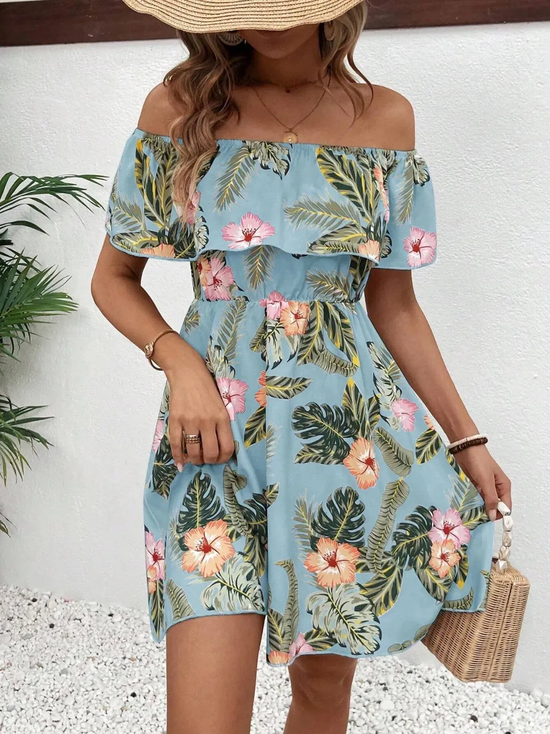 Printed Off Shoulder Ruffled Mini Dress