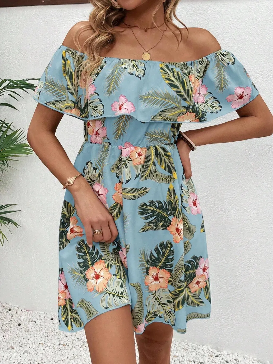 Printed Off Shoulder Ruffled Mini Dress