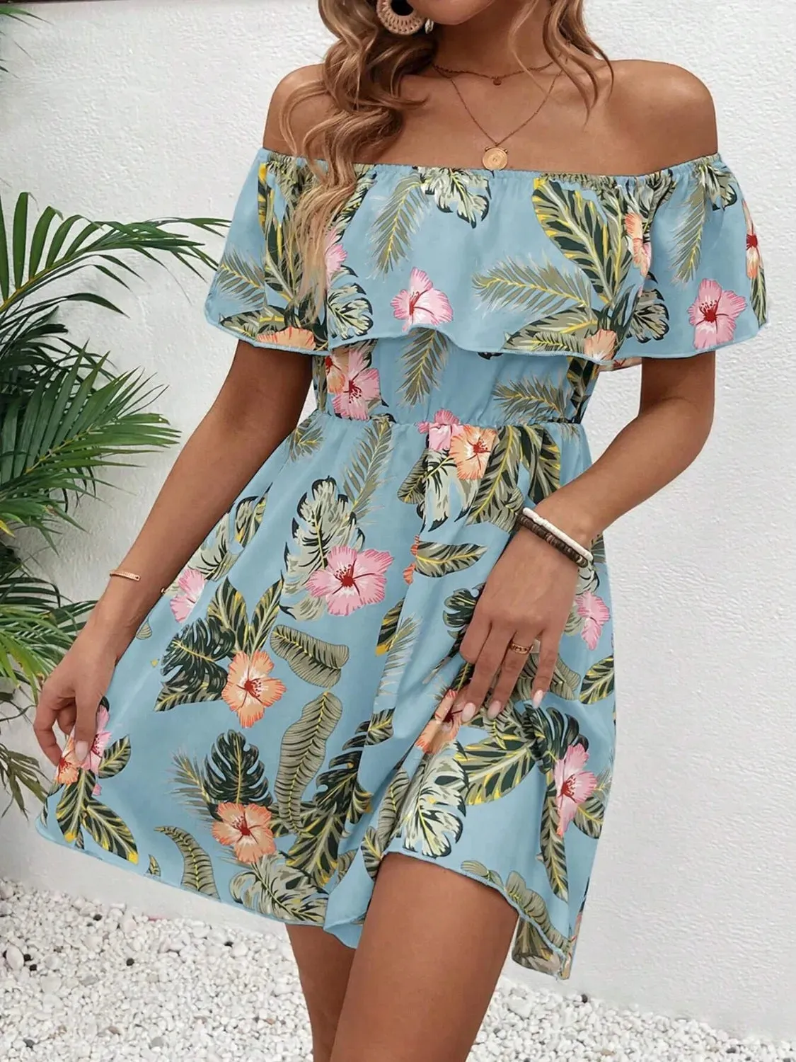 Printed Off Shoulder Ruffled Mini Dress