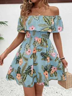 Printed Off Shoulder Ruffled Mini Dress