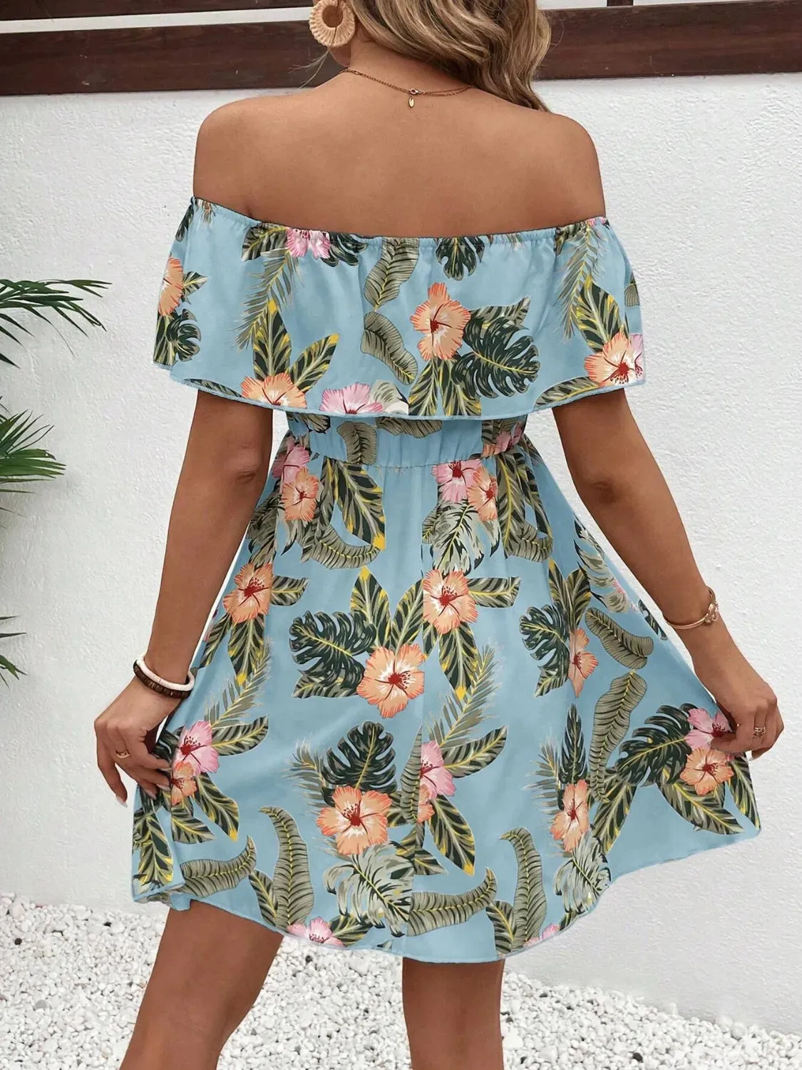 Printed Off Shoulder Ruffled Mini Dress