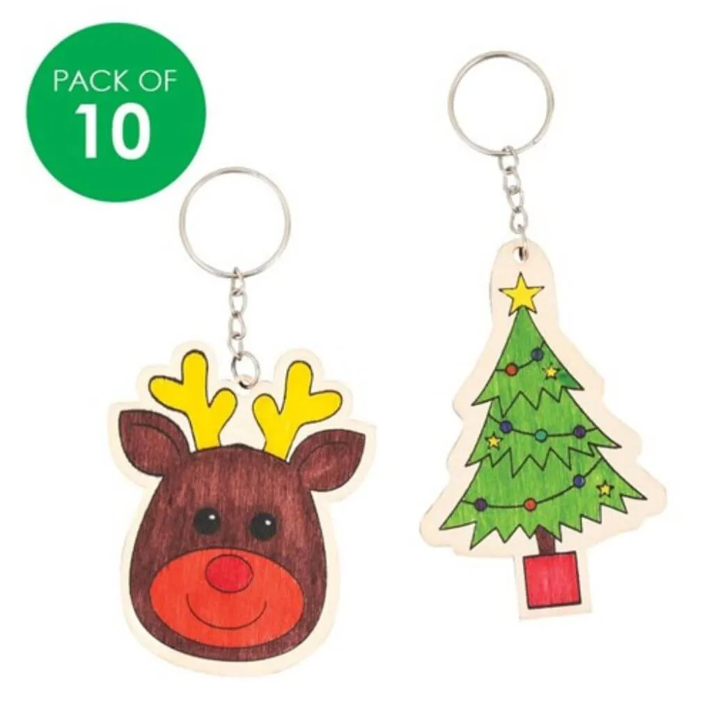 Printed Wooden Keyrings - Christmas - Pack of 10