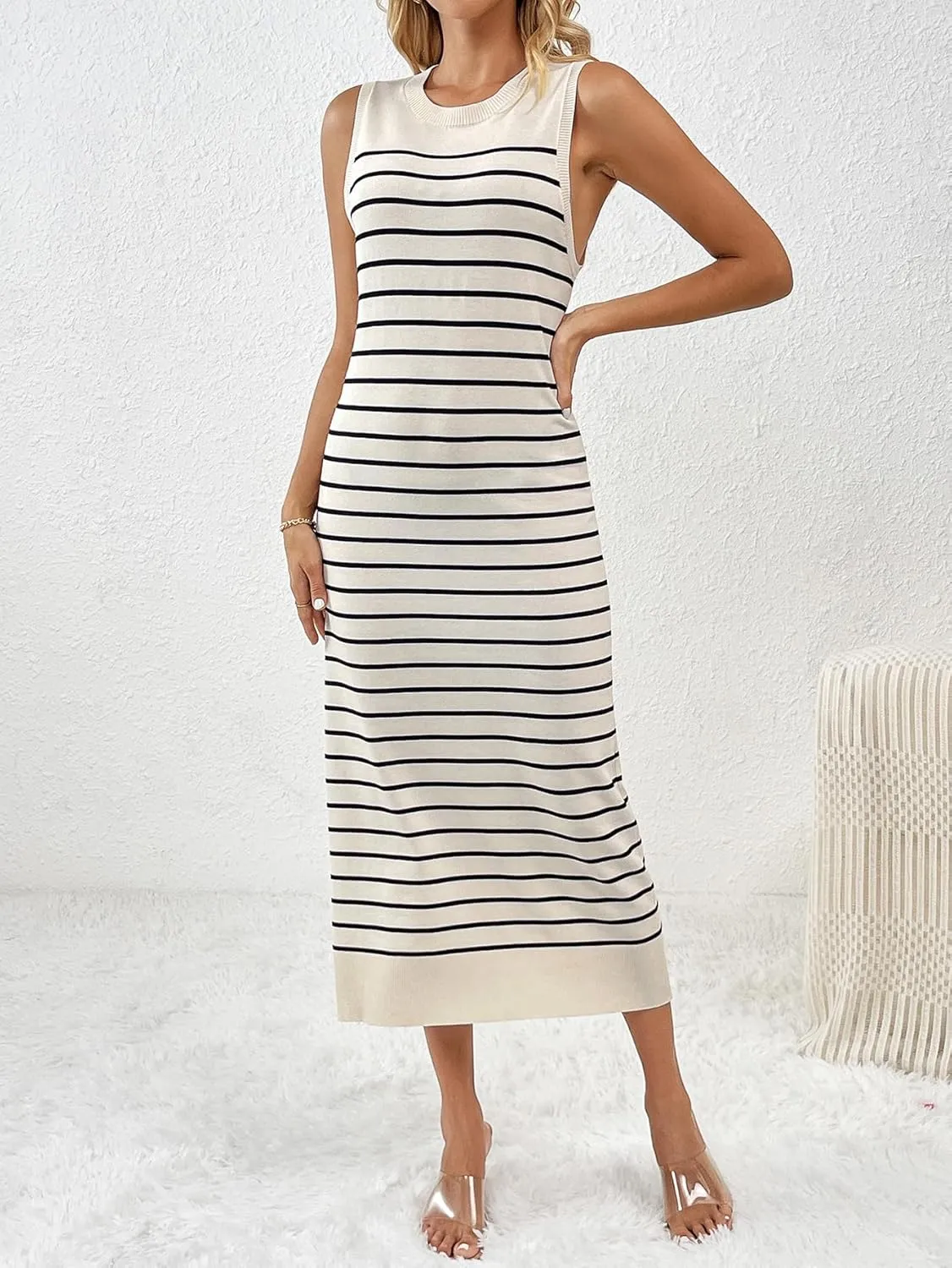 RanRui Women's Striped Long Tank Dresses Knit Summer Streak Sleeveless Dress