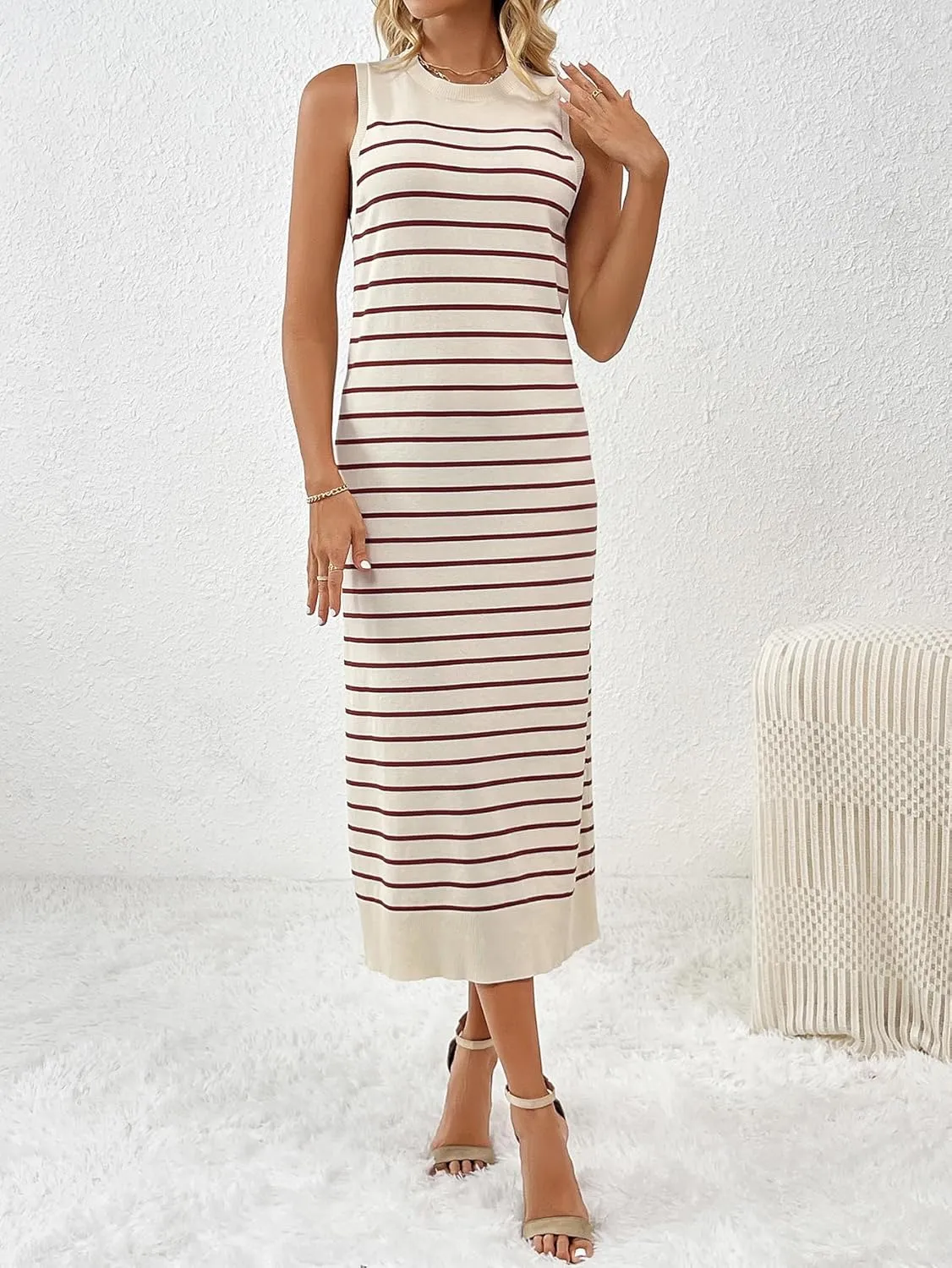 RanRui Women's Striped Long Tank Dresses Knit Summer Streak Sleeveless Dress