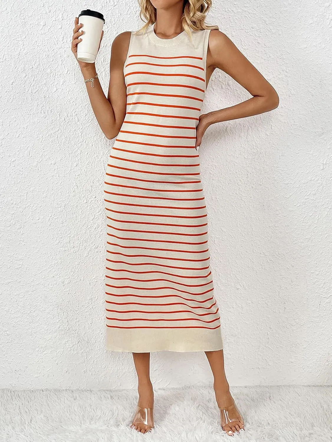 RanRui Women's Striped Long Tank Dresses Knit Summer Streak Sleeveless Dress