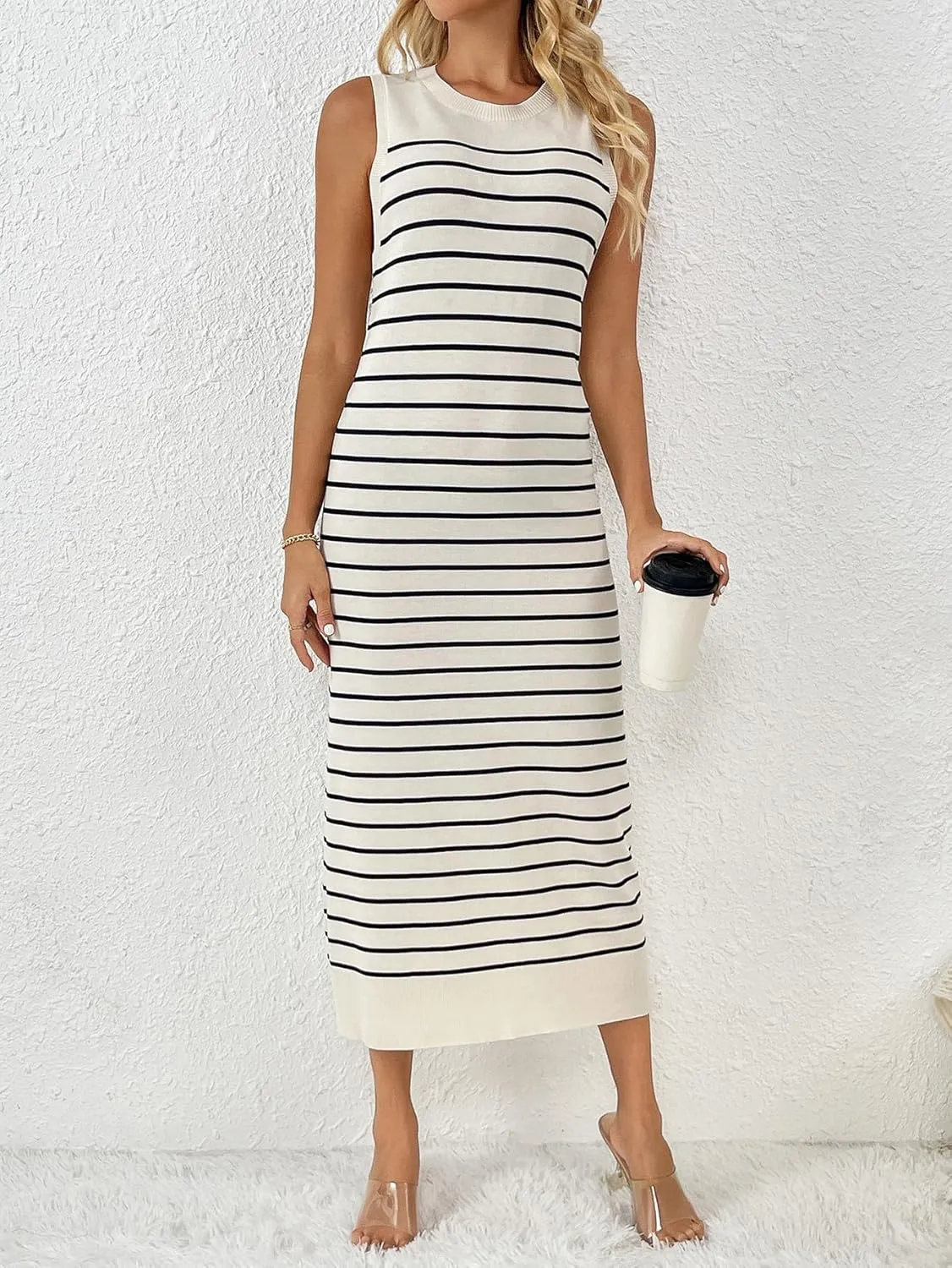RanRui Women's Striped Long Tank Dresses Knit Summer Streak Sleeveless Dress