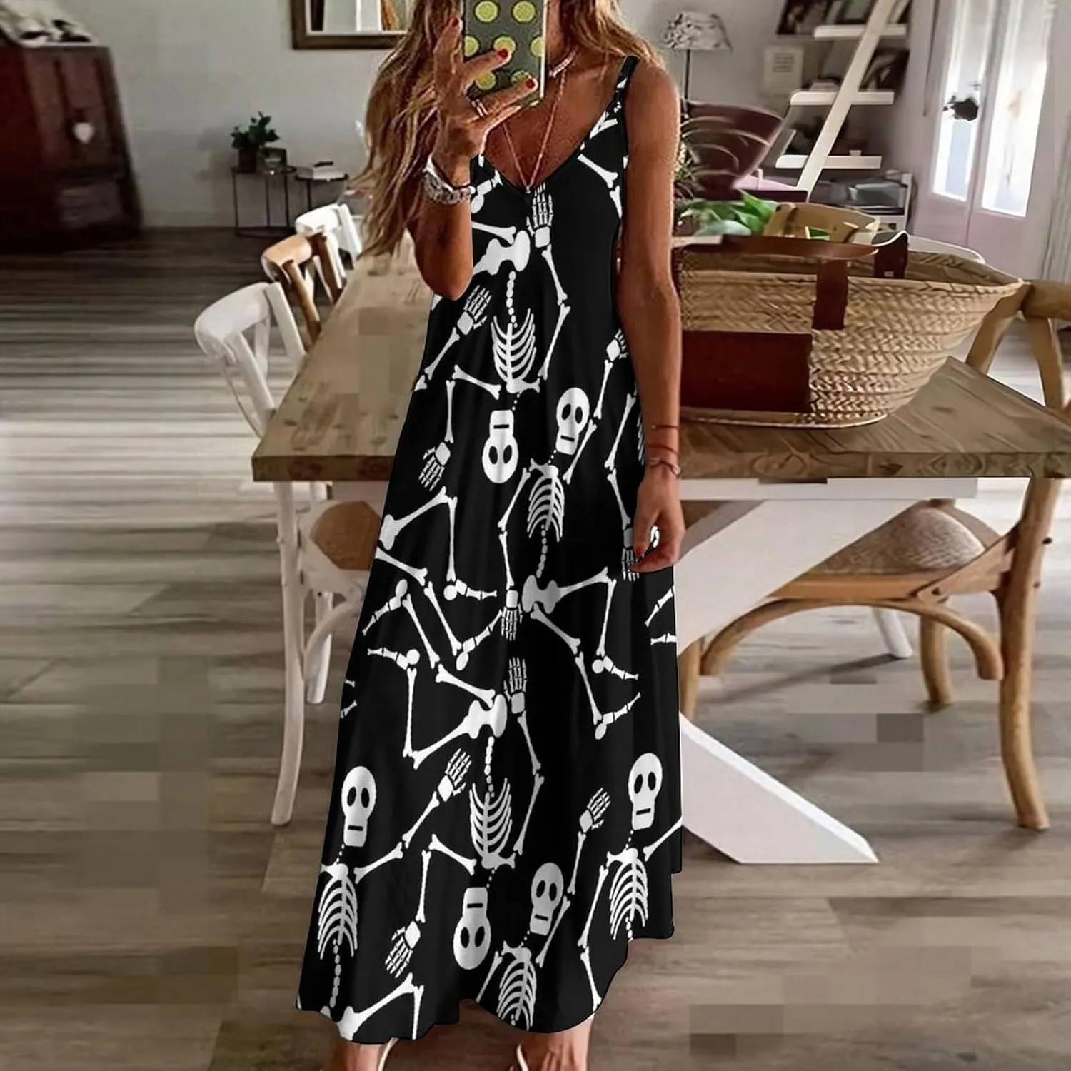 Red Dragon Pattern Women's Casual Maxi Dresses Summer Spaghetti Straps Long Sleeveless Dress Sundress