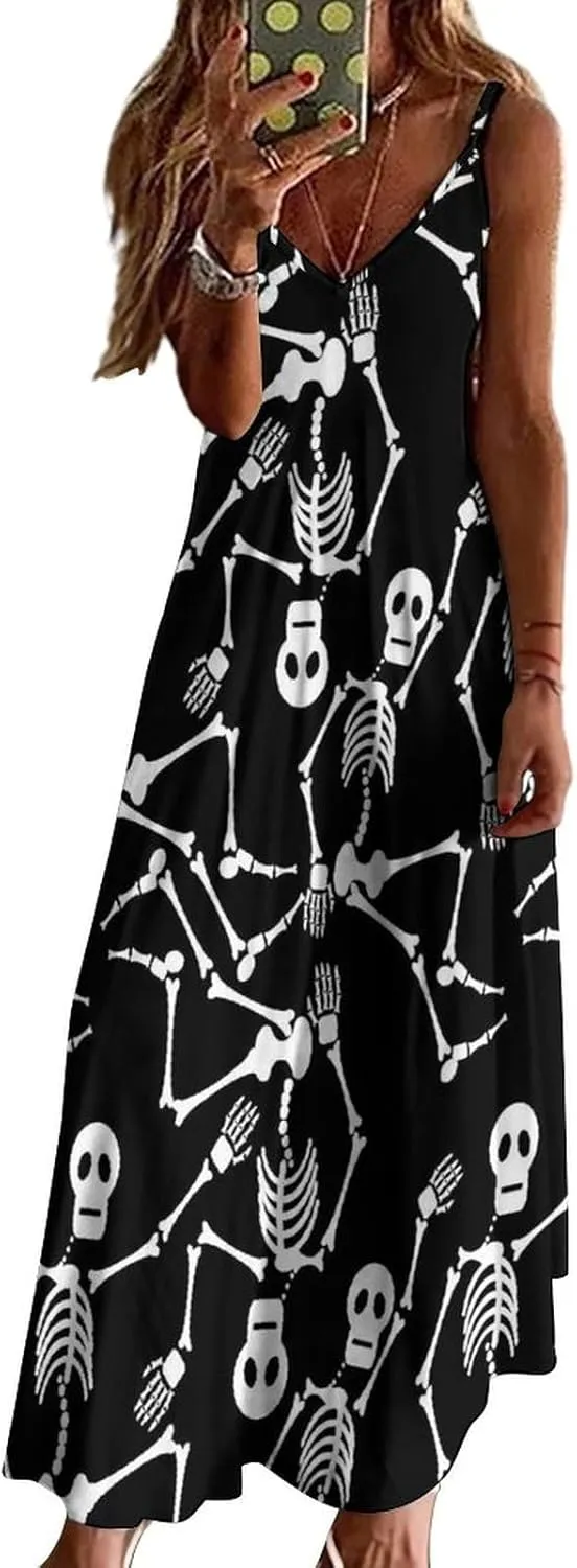 Red Dragon Pattern Women's Casual Maxi Dresses Summer Spaghetti Straps Long Sleeveless Dress Sundress