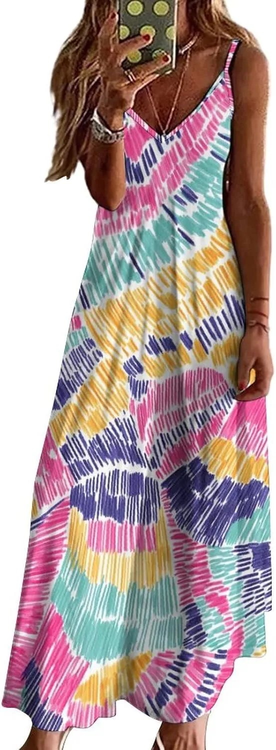 Red Dragon Pattern Women's Casual Maxi Dresses Summer Spaghetti Straps Long Sleeveless Dress Sundress