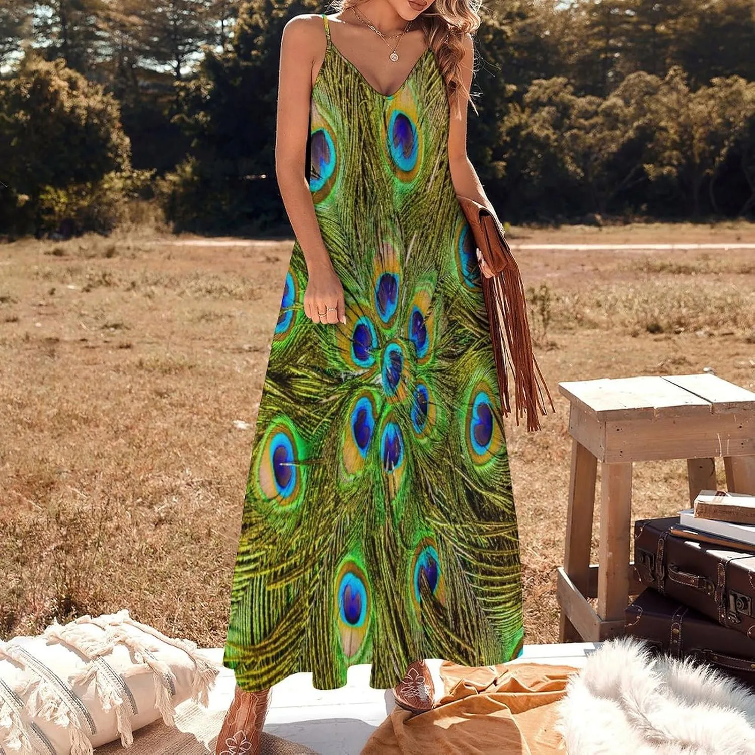 Red Dragon Pattern Women's Casual Maxi Dresses Summer Spaghetti Straps Long Sleeveless Dress Sundress
