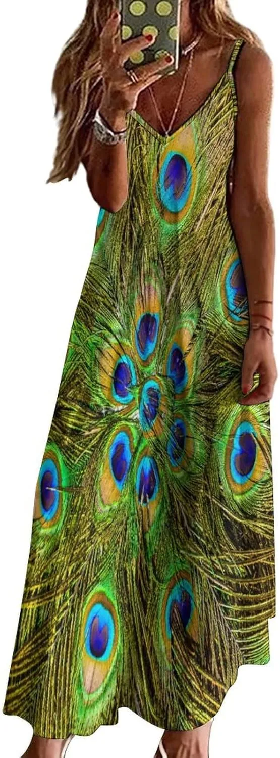 Red Dragon Pattern Women's Casual Maxi Dresses Summer Spaghetti Straps Long Sleeveless Dress Sundress