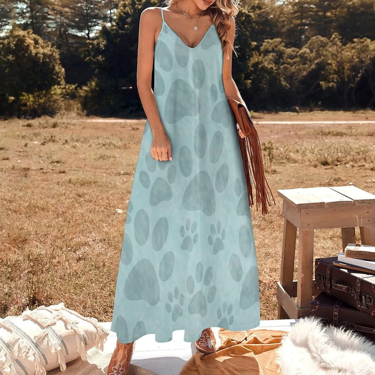 Red Dragon Pattern Women's Casual Maxi Dresses Summer Spaghetti Straps Long Sleeveless Dress Sundress
