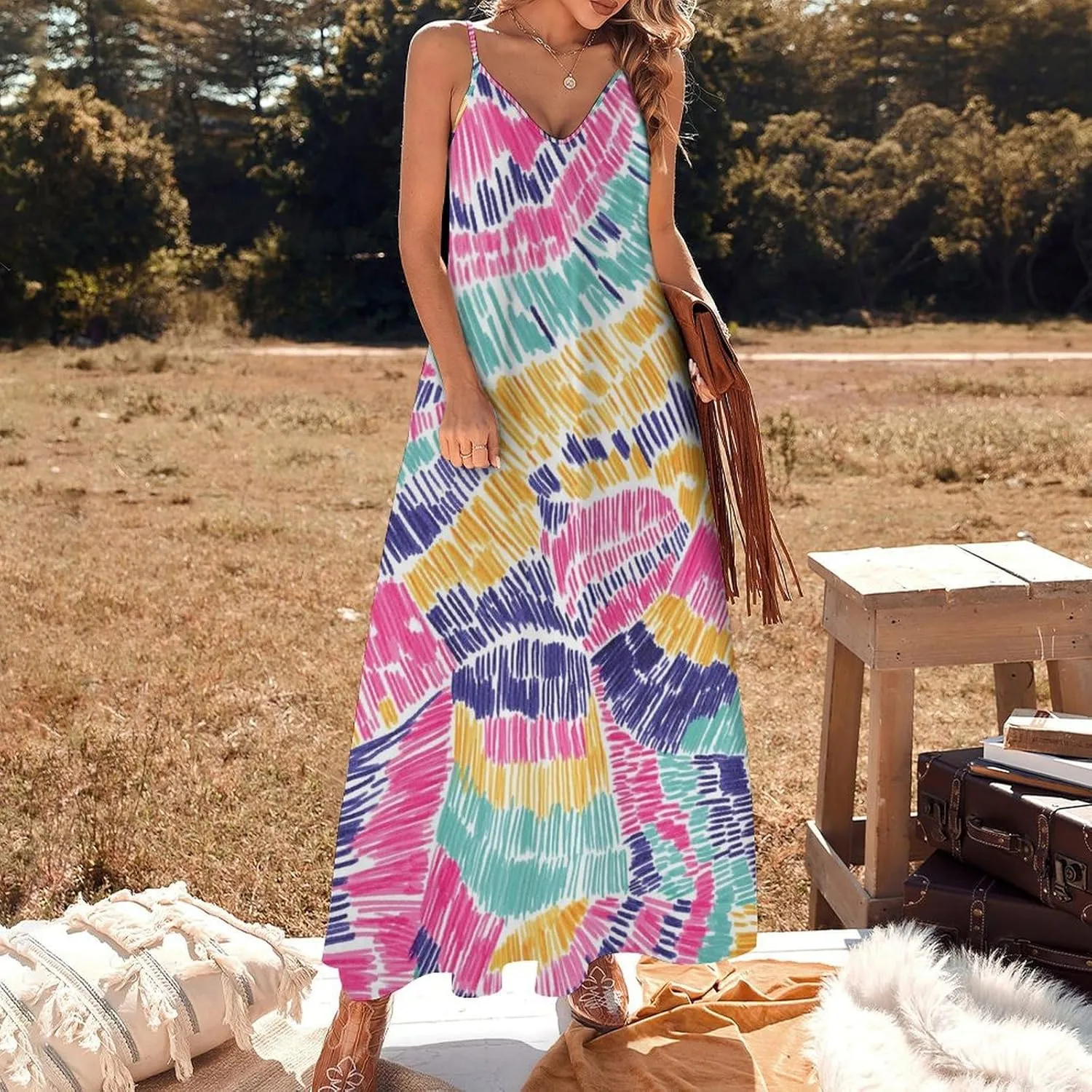 Red Dragon Pattern Women's Casual Maxi Dresses Summer Spaghetti Straps Long Sleeveless Dress Sundress