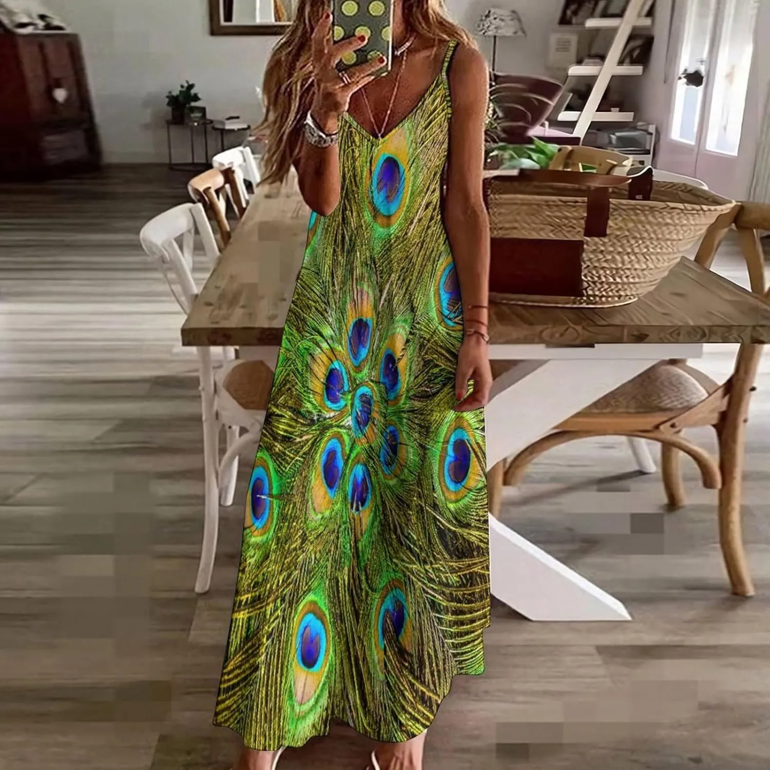 Red Dragon Pattern Women's Casual Maxi Dresses Summer Spaghetti Straps Long Sleeveless Dress Sundress