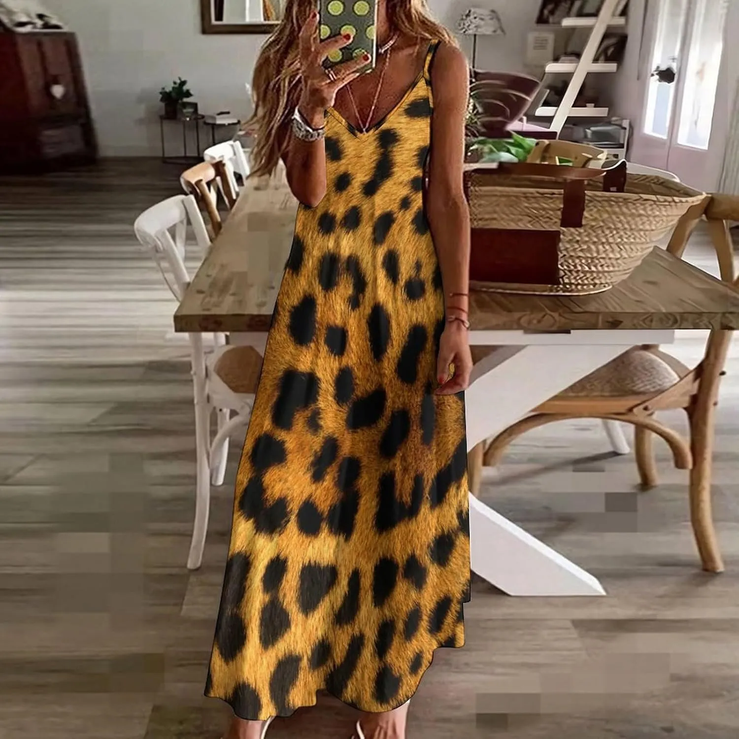 Red Dragon Pattern Women's Casual Maxi Dresses Summer Spaghetti Straps Long Sleeveless Dress Sundress