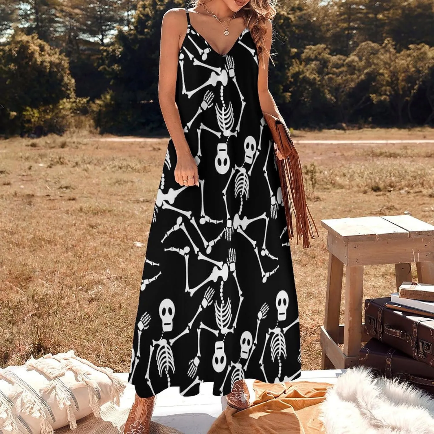 Red Dragon Pattern Women's Casual Maxi Dresses Summer Spaghetti Straps Long Sleeveless Dress Sundress