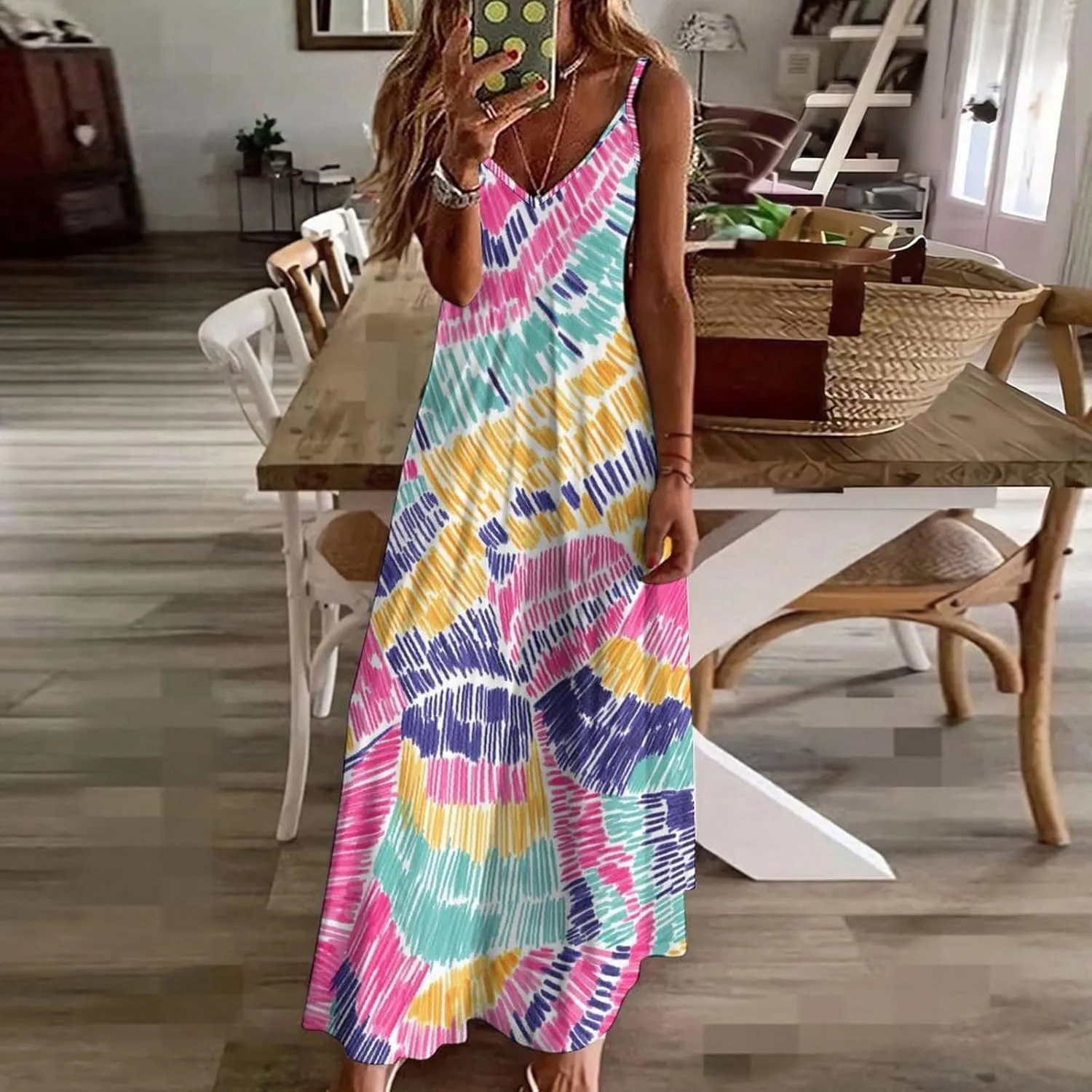 Red Dragon Pattern Women's Casual Maxi Dresses Summer Spaghetti Straps Long Sleeveless Dress Sundress