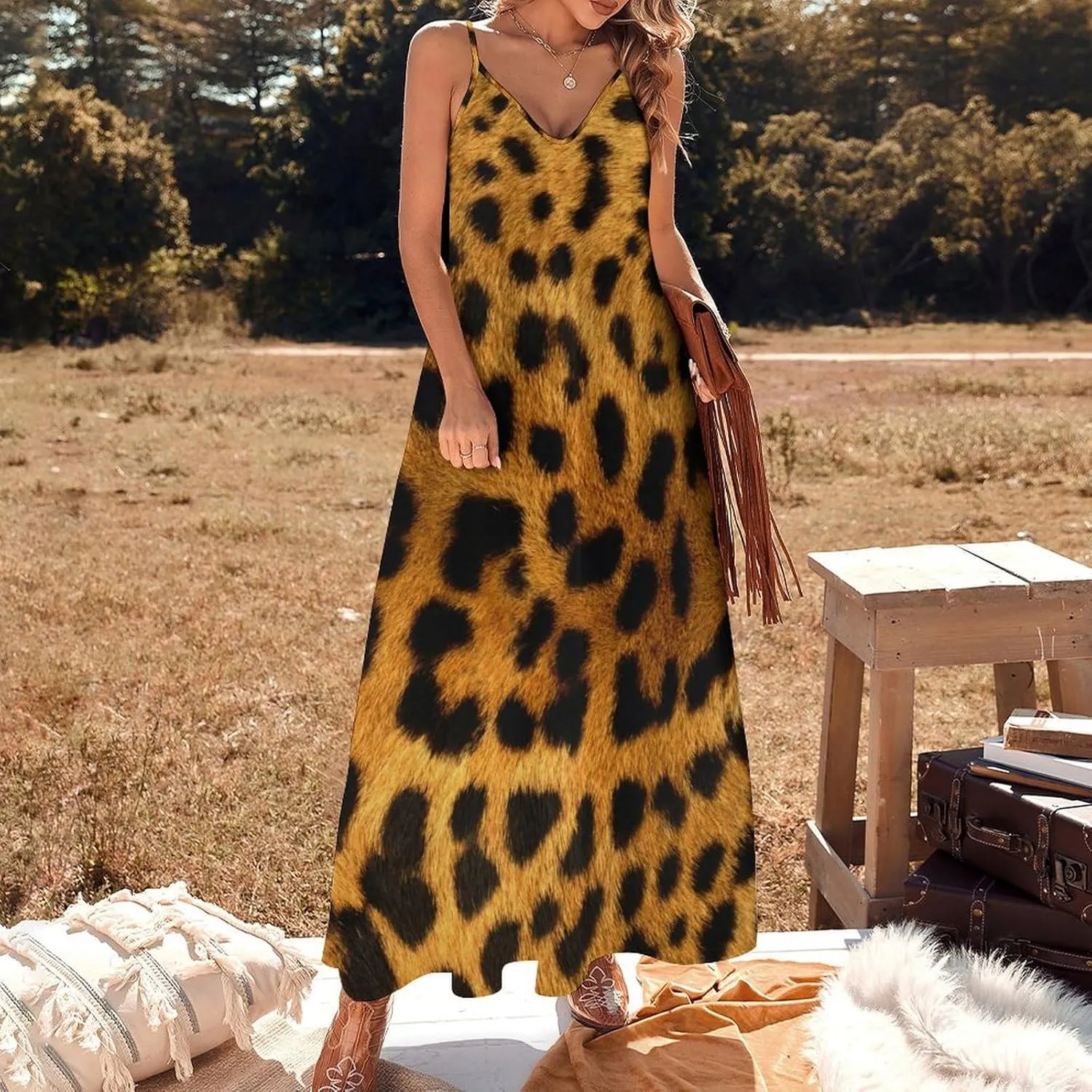 Red Dragon Pattern Women's Casual Maxi Dresses Summer Spaghetti Straps Long Sleeveless Dress Sundress