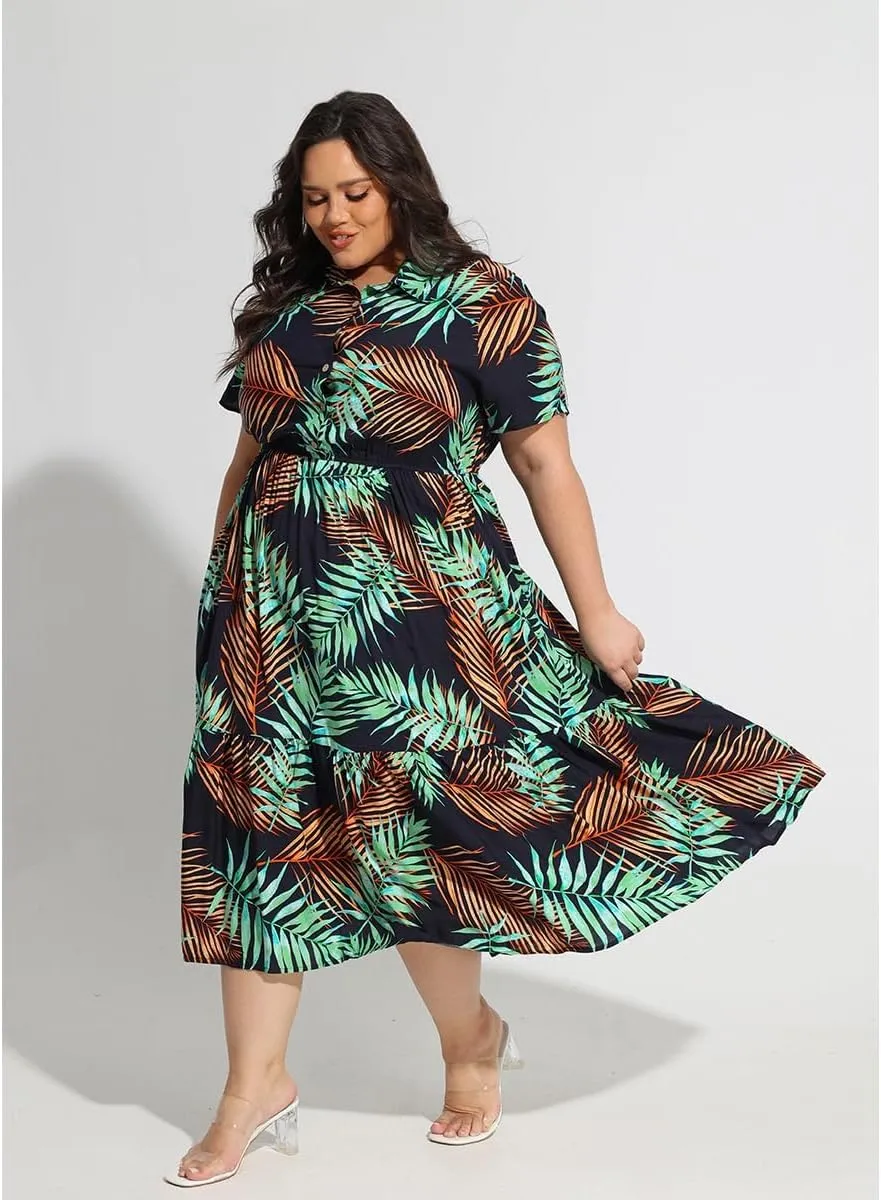 RITERA Plus Size Short Sleeve Dress for Curvy Women Button Up Floral Flowy Summer Casual Maxi Dresses with Pockets XL-5XL