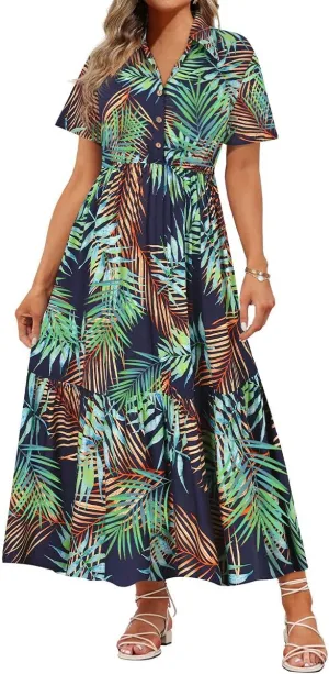 RITERA Plus Size Short Sleeve Dress for Curvy Women Button Up Floral Flowy Summer Casual Maxi Dresses with Pockets XL-5XL