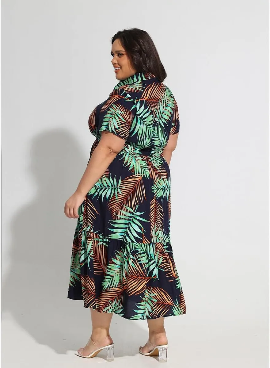 RITERA Plus Size Short Sleeve Dress for Curvy Women Button Up Floral Flowy Summer Casual Maxi Dresses with Pockets XL-5XL