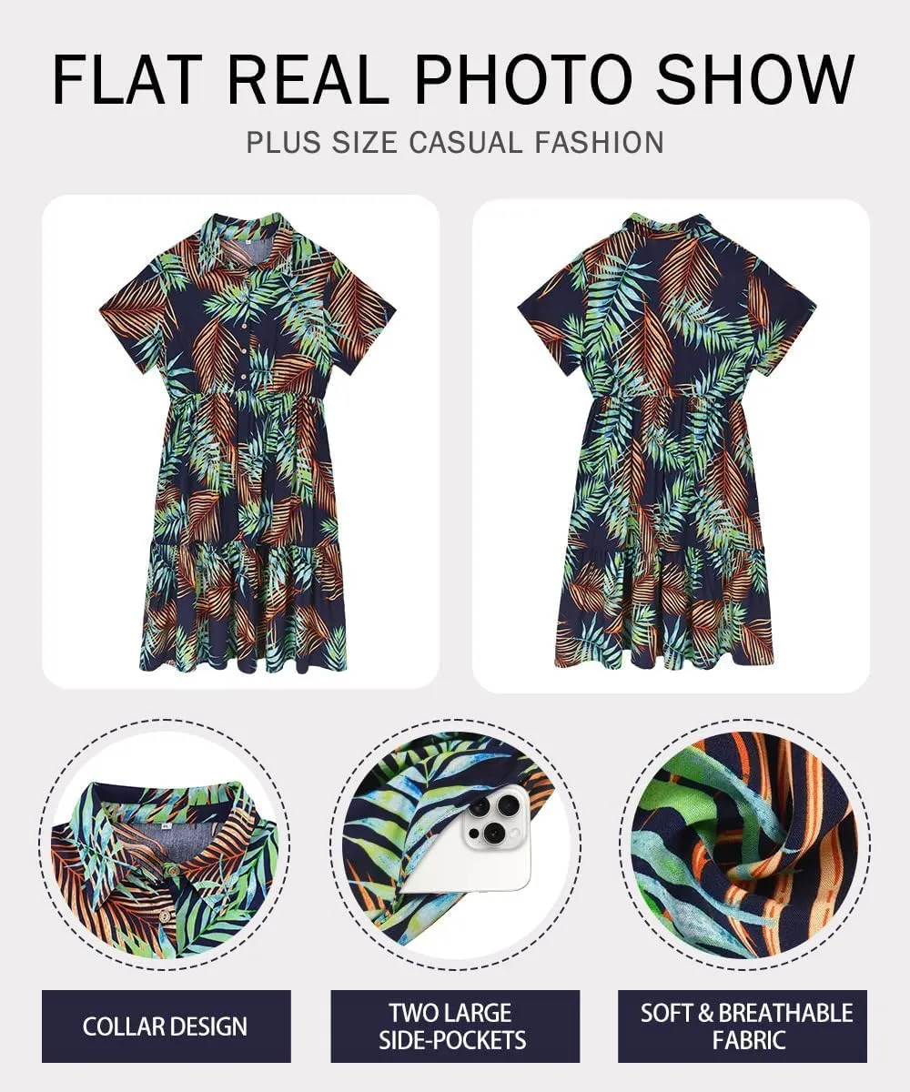 RITERA Plus Size Short Sleeve Dress for Curvy Women Button Up Floral Flowy Summer Casual Maxi Dresses with Pockets XL-5XL