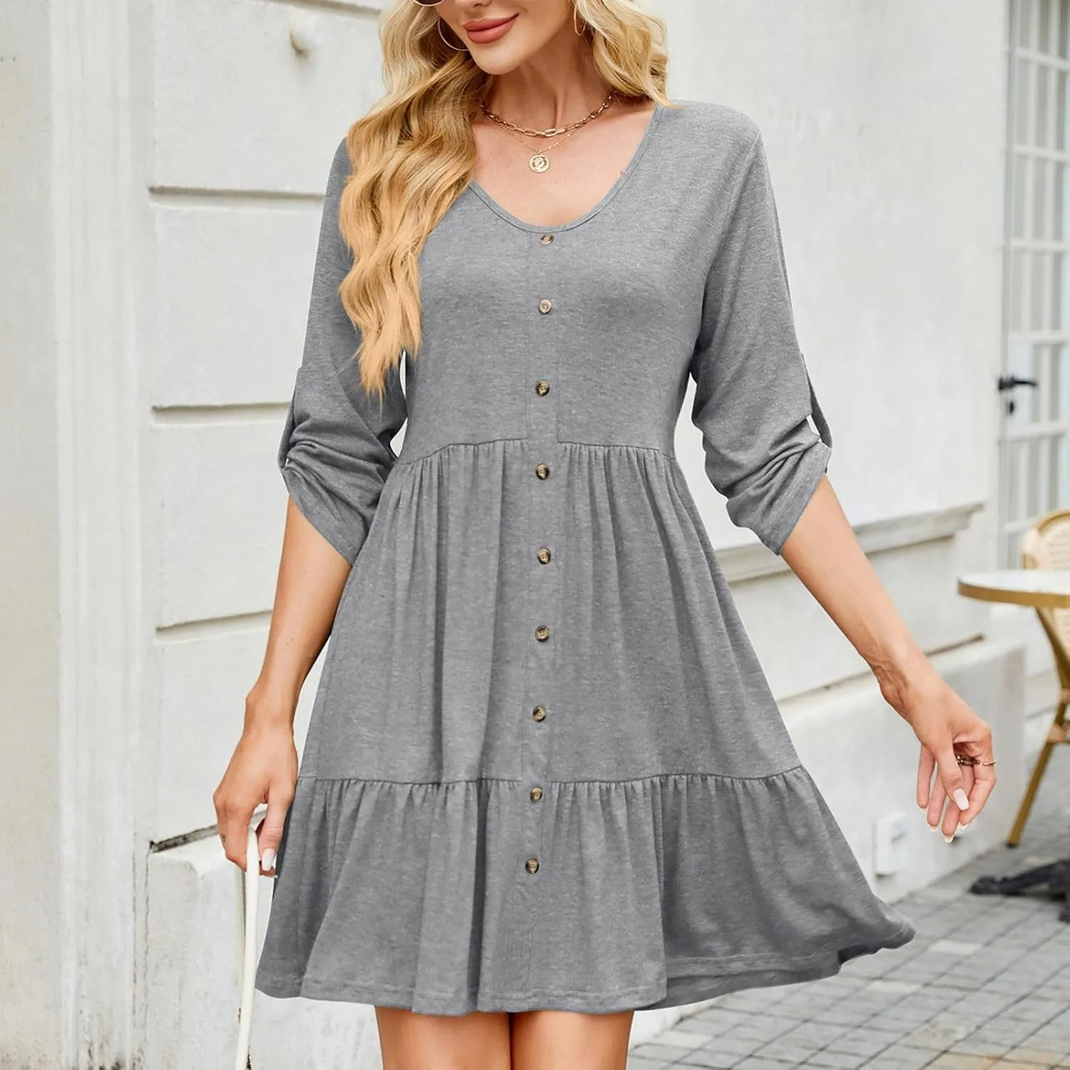 Roll Up 3/4 Length Sleeve Womens Summer Dresses Casual Button Decor V Neck Flowy Ruffle Tiered A Line Swing Mini Dress
