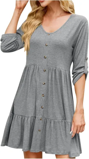 Roll Up 3/4 Length Sleeve Womens Summer Dresses Casual Button Decor V Neck Flowy Ruffle Tiered A Line Swing Mini Dress
