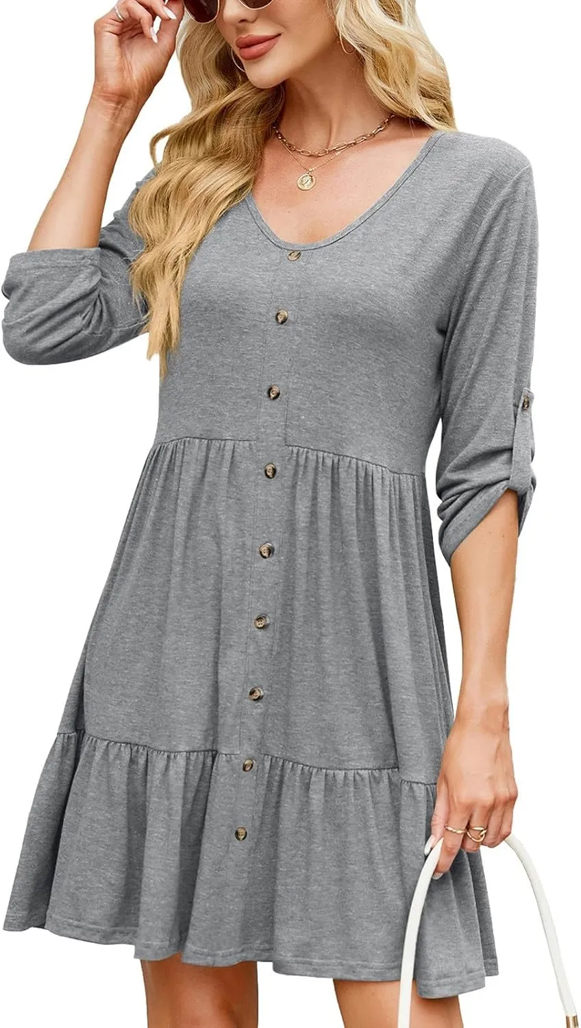 Roll Up 3/4 Length Sleeve Womens Summer Dresses Casual Button Decor V Neck Flowy Ruffle Tiered A Line Swing Mini Dress