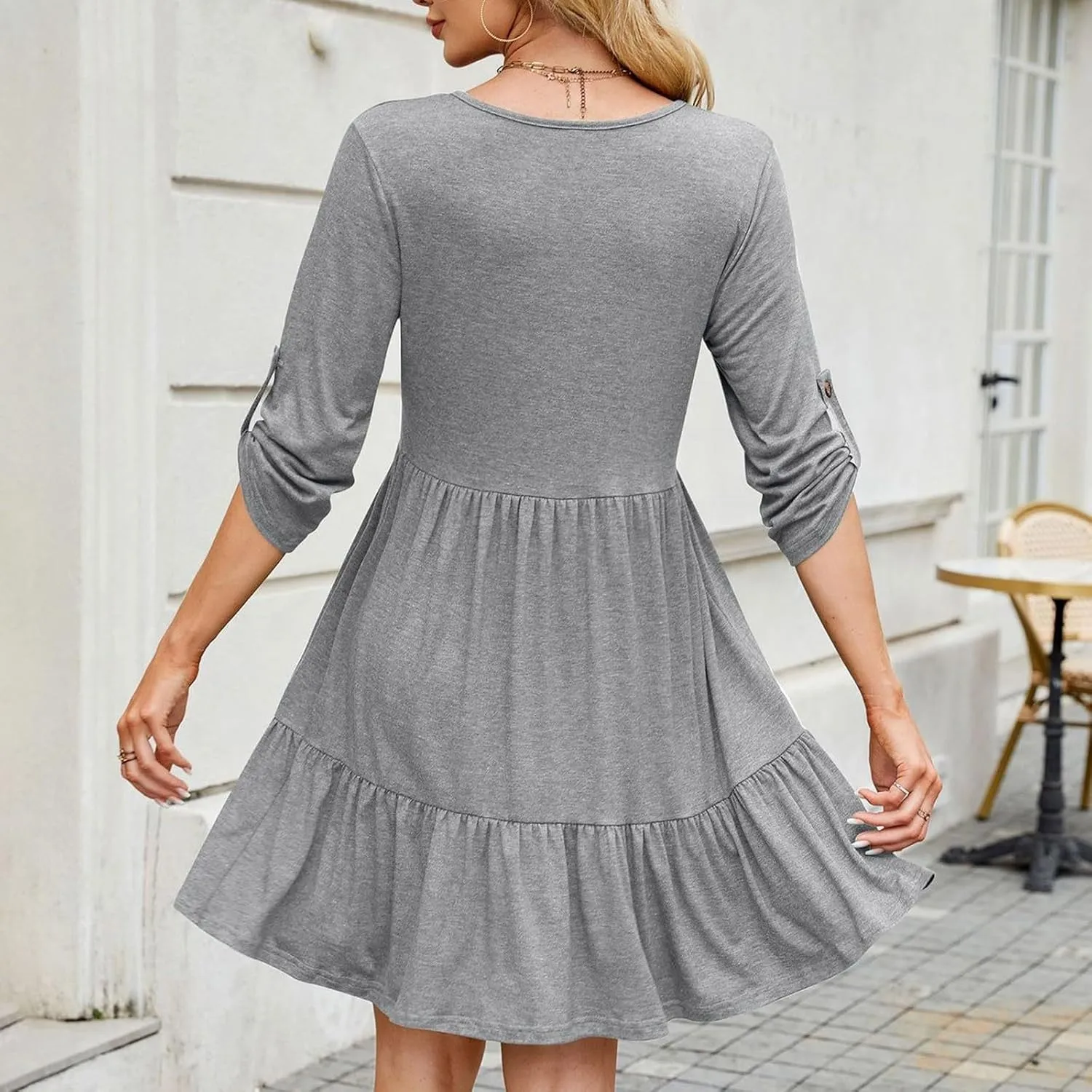 Roll Up 3/4 Length Sleeve Womens Summer Dresses Casual Button Decor V Neck Flowy Ruffle Tiered A Line Swing Mini Dress
