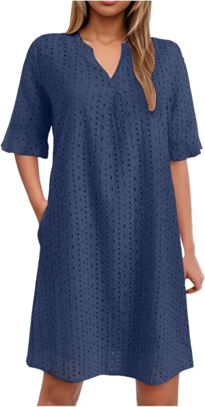 Rvidbe Women's 2025 Summer Short Sleeve Mini Dress V Neck Ruffle Hollow Out Eyelet Lace Dresses Vacation Beach Sundress